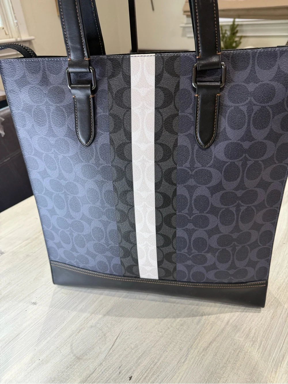 Coach Men’s Graham Signature Stripe Crossbody Tote Bag in Charcoal/Blue/White
